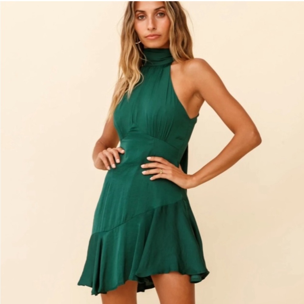 Selfie Leslie Promises Halterneck Fluted Hem Dress Forest Green